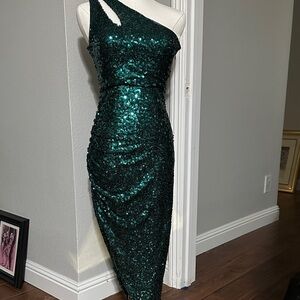 Elegant Green Sequin One-Shoulder Dress NEW! Holiday